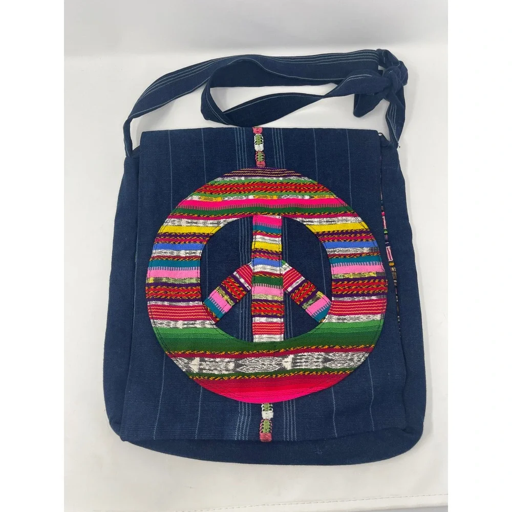 Peace Sign Messenger Bag Unisex Large Blue Multi Excellent Boho Patchwork